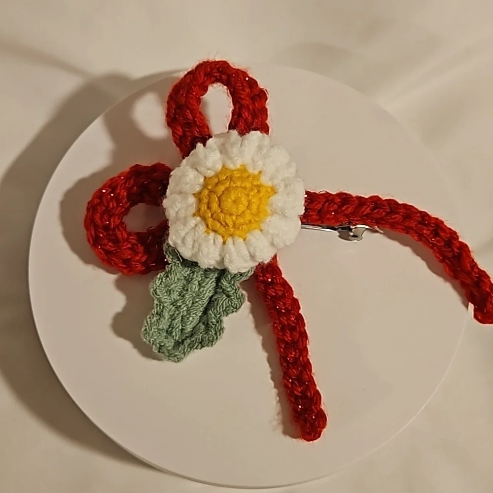 Hand Crafted Hand Knit Crochet Red Bow Barrete Hair Clip white and yellow flower